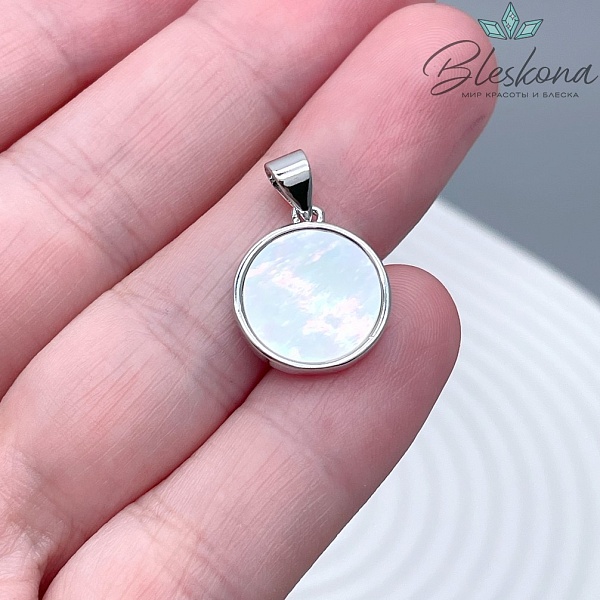 16*14 мм Цвет серебро, Подвеска круг белый перламутр 