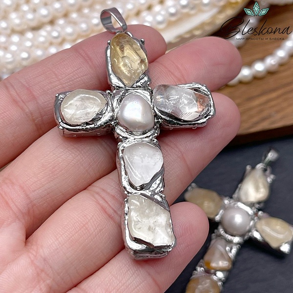 38*65 мм Цвет серебро, Подвеска крест Жемчуг, Цитрин в обрамлении