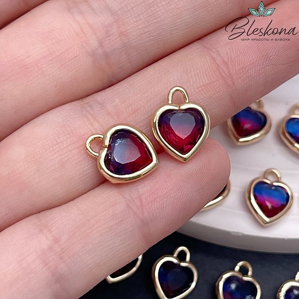 10 мм, Цвет золото, Подвеска сердце стекло малиново-синее