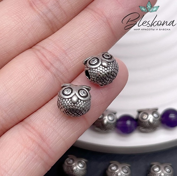 10*9 мм Цвет серебро, Бусина сова цирконы