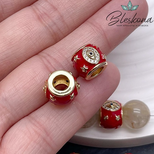 9*11 мм Цвет золото, Бусина бочонок глаз цирконы красная эмаль