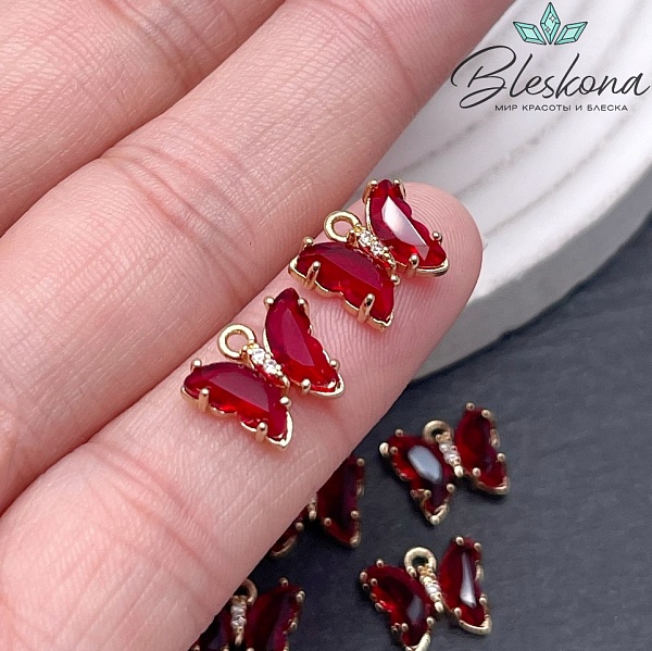 9,5*11 мм, Цвет золото, Подвеска бабочка стекло красное 
