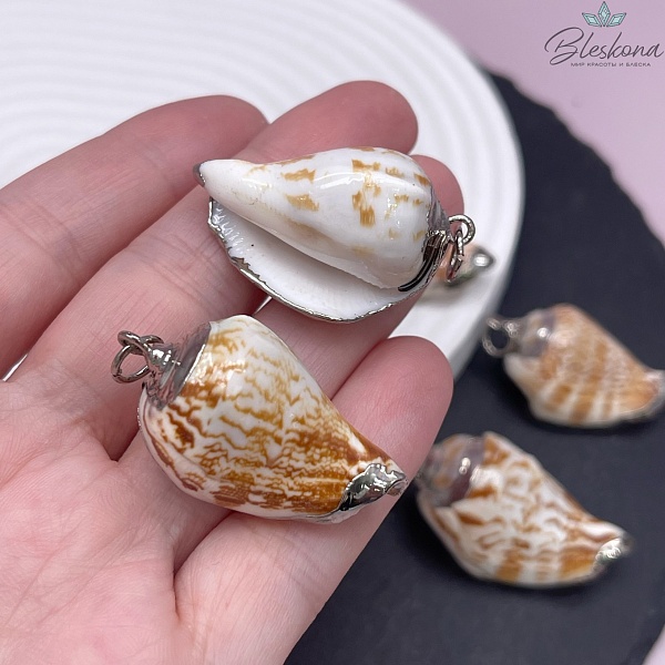 (36-41)*(18-21) мм Цвет серебро, Подвеска Ракушка бело-коричневая
