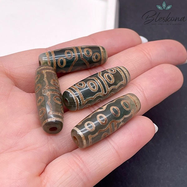 Бусина Дзи 15 глаз зелено-коричневый бочонок 30*11 мм