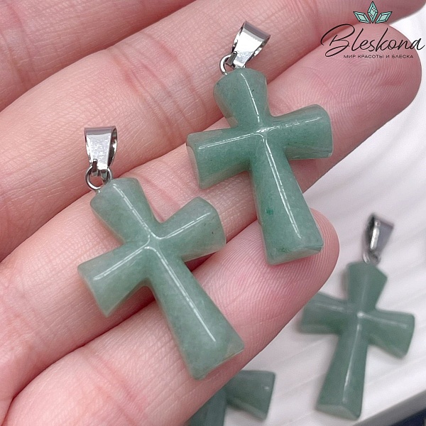 Подвеска крест Авантюрин зеленый, цвет серебро 28*17,5 мм
