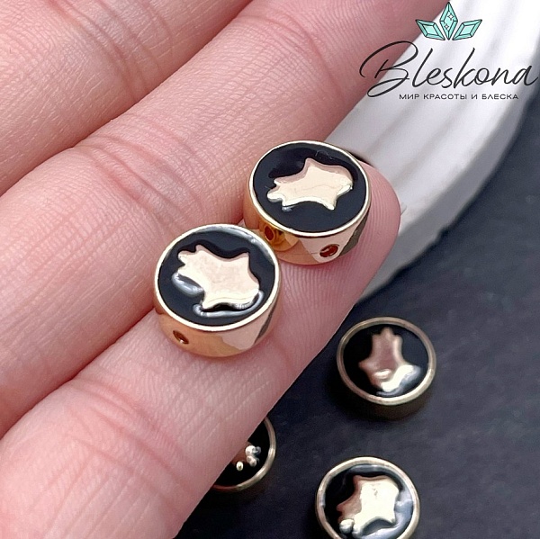 10мм Цвет золото,Бусина рука Фатимы черная эмаль 