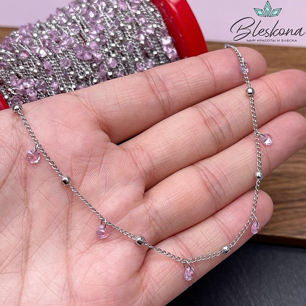 Цепь №206 цвет сербро 2*1 мм шарик/розовый циркон