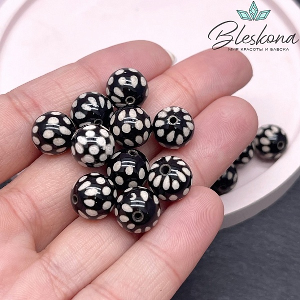 Бусина Дзи точки черно-белый шар 10 мм уп.10 шт.