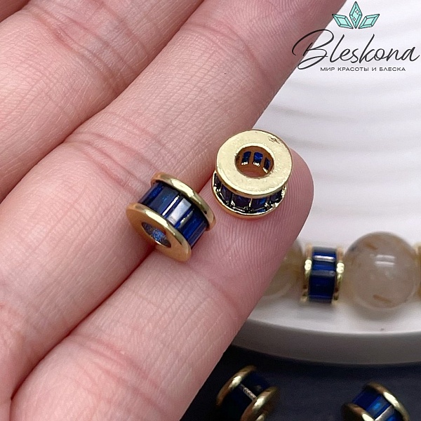 8*5 мм Цвет золото, Бусина - разделитель синий циркон