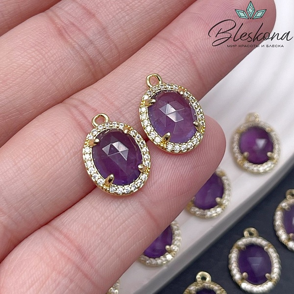 15*11 мм Цвет золото, Подвеска овал Аметист в обрамлении цирконы