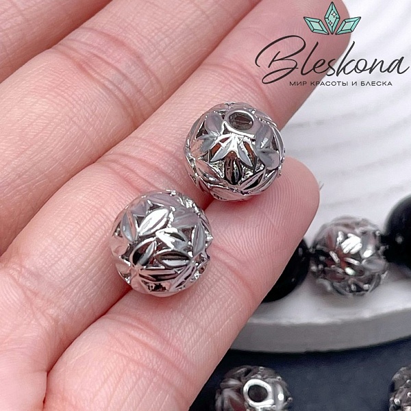 12 мм Цвет серебро, Бусина шар листья 