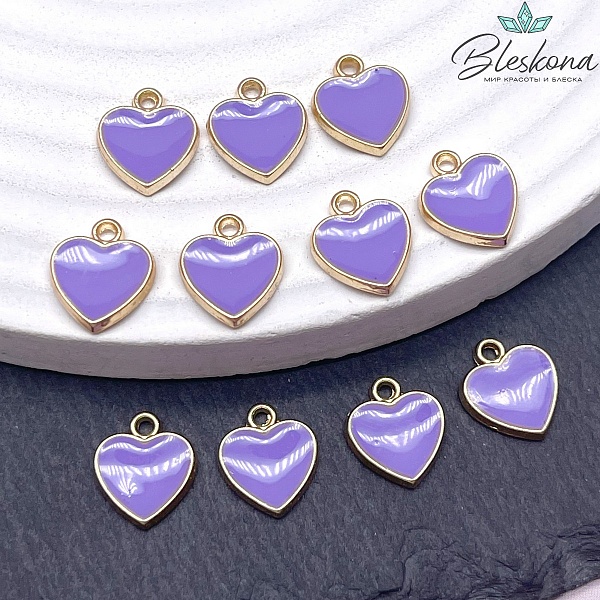 10*11мм Цвет золото, Подвеска сердце фиолетовая эмаль