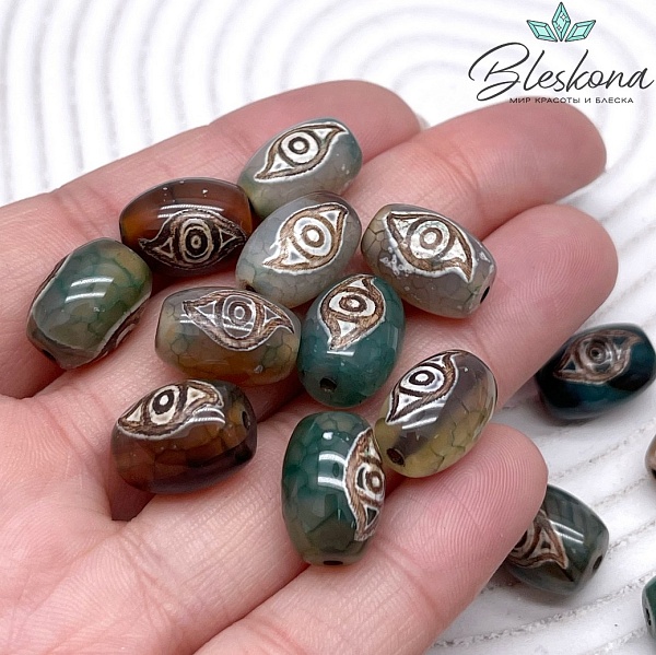 Бусина Дзи 2 глаза Феникса зелено-коричневый бочонок 10*14 мм