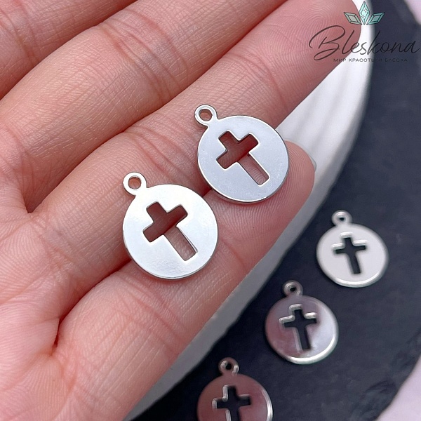 14 мм Цвет серебро, Подвеска круг  Крест 