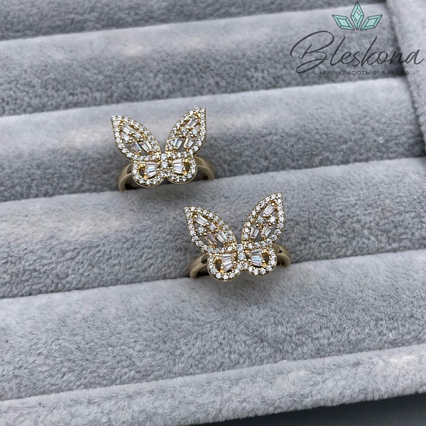 20 мм Цвет золото, Кольцо безразмерное Бабочка мини цирконы Люкс