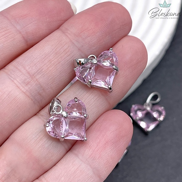 14,5*14 мм Цвет серебро, Подвеска Сердце розовые цирконы