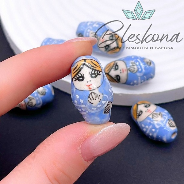 23*14 мм Керамика бусина матрёшка синяя