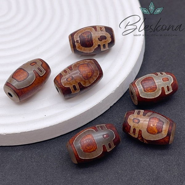 Бусина Дзи Кубера серо-коричневый бочонок 22*15 мм