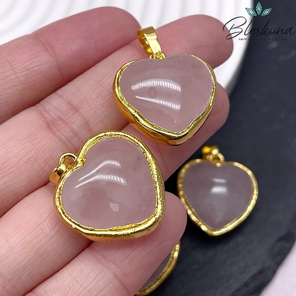 22,5*25 мм, Цвет золото, Подвеска Сердце Розовый Кварц в обрамлении
