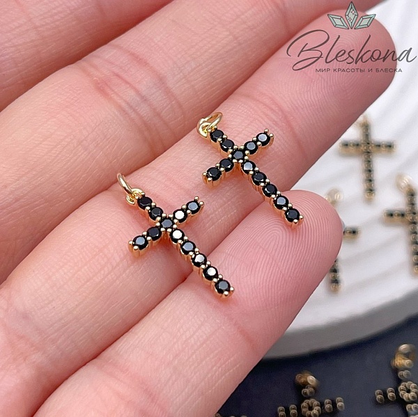 18,5*10,5 мм Цвет золото, Подвеска крест черные цирконы 