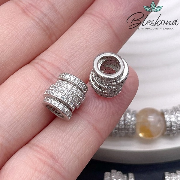 9,5*9 мм Цвет серебро, Бусина цирконы 5 рядов