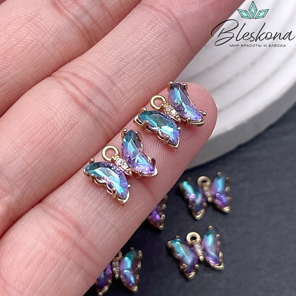 9,5*11 мм, Цвет золото, Подвеска бабочка стекло с переливом №2