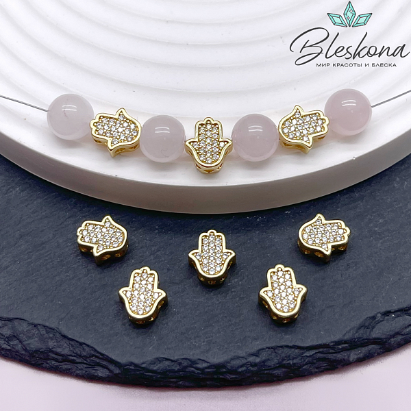 9*8 мм Цвет золото, Бусина рука Фатимы цирконы