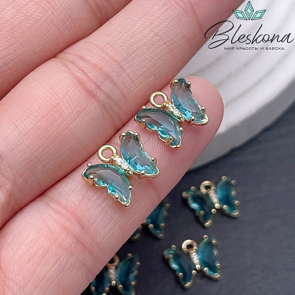 9,5*11 мм, Цвет золото, Подвеска бабочка стекло бирюзовое 