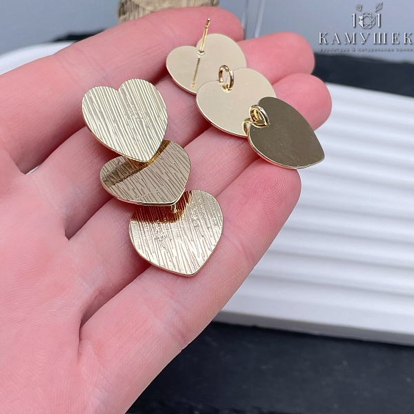 Пусеты сердце полосы 3 ряда, цвет золото 45*18,6 мм