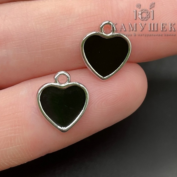 11*10 мм Цвет серебро, Подвеска сердце черная эмаль 