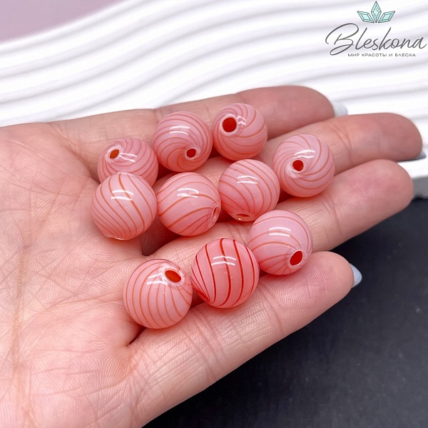 14 мм Бусина шар стекло розовое красные полосы