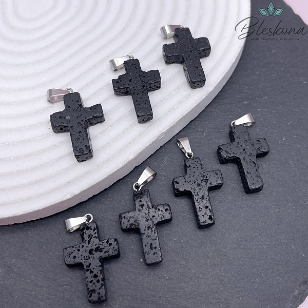 Подвеска крест Вулканическая Лава, цвет серебро 25*18 мм