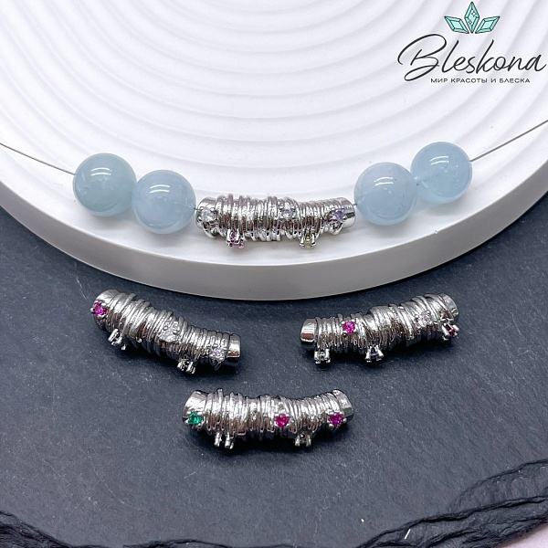 26*8 мм Цвет серебро, Бусина трубочка с цирконами микс