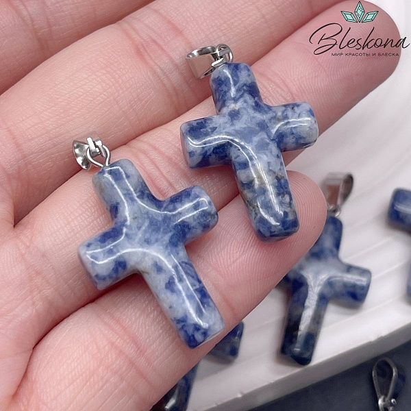 Подвеска крест Яшма синяя пятнистая, цвет серебро 28,5*18 мм