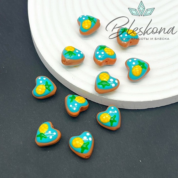 14 мм Бусина сердце коричневое с голубым