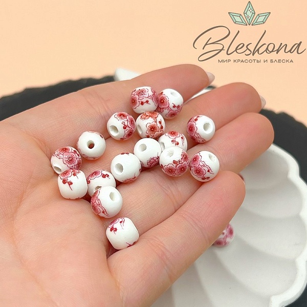 8 мм Керамика Бусина роспись гжель №21 (штучно)