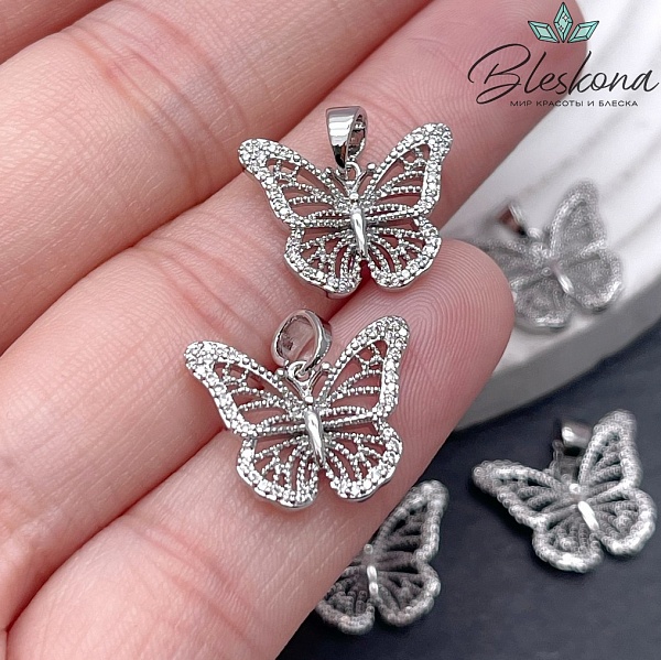 13,2*16,7 мм Цвет серебро, Подвеска Бабочка цирконы