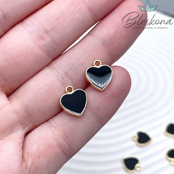 11*10 мм Цвет золото, Подвеска сердце черная эмаль
