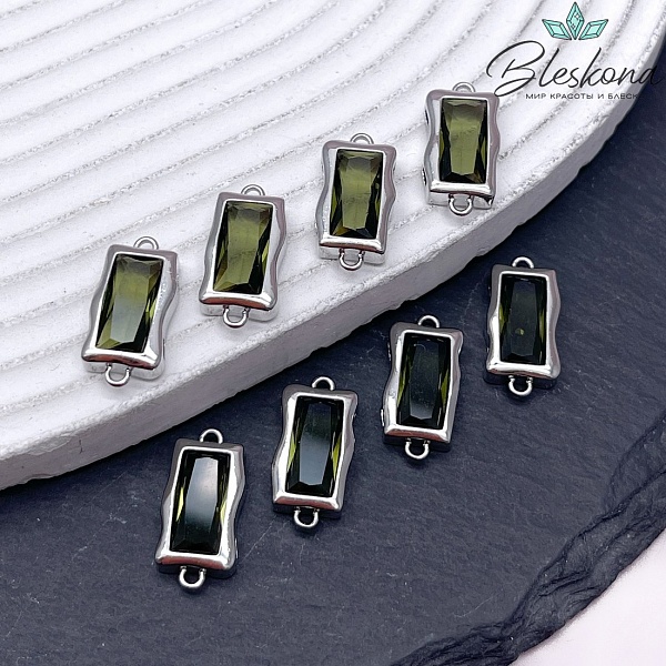 17,5*8,5 мм Цвет серебро, Коннектор прямоугольник бледно-зеленый циркон
