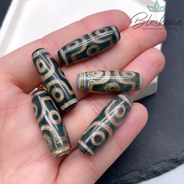 Бусина Дзи 6 глаз серо-зеленый бочонок 30*11 мм