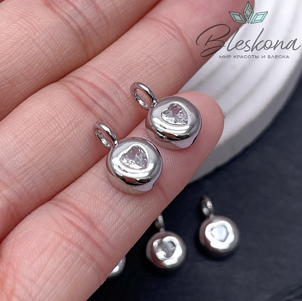 14*9 мм Цвет серебро, Подвеска сердце циркон в круге