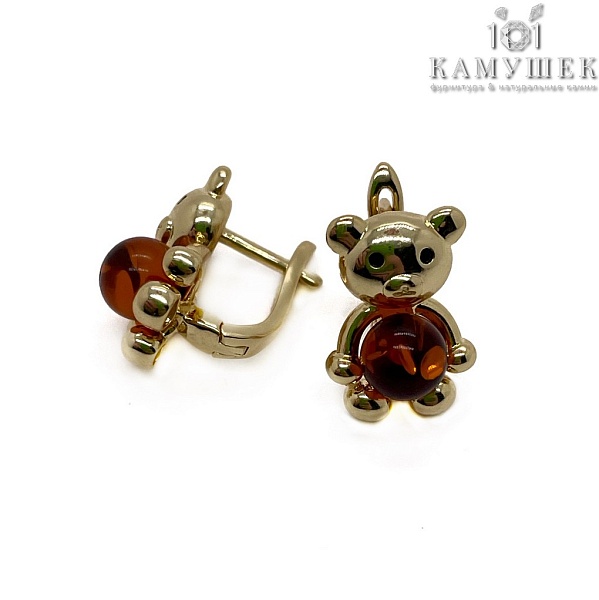 Швензы Мишка темный янтарь, цвет золото 12*16,5мм