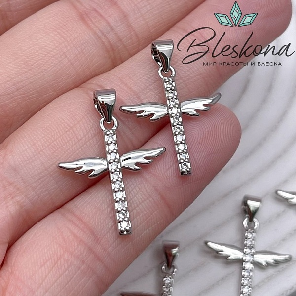 20*18,5 мм Цвет серебро, Подвеска Крест крылья с цирконами