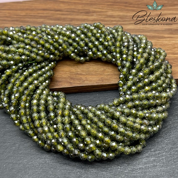 Циркон огранка темно-зеленый 4 мм (кубический цирконий, фианит) 