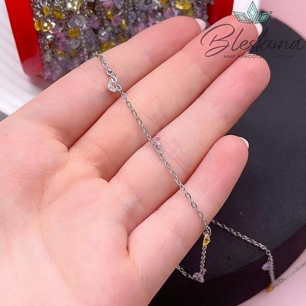 Цепь №208 цвет серебро, сердце цирконы микс 1,8*1,4 мм