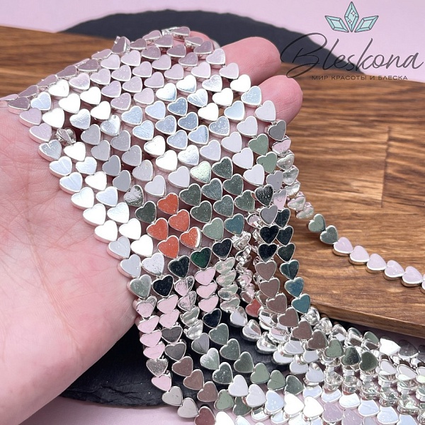 6 мм Гематин, цвет светлое серебро, сердце плоское имитация УЦЕНКА DD-59-2