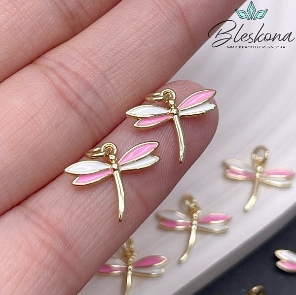 17*19 мм Цвет золото, Подвеска Стрекоза бело- розовая эмаль