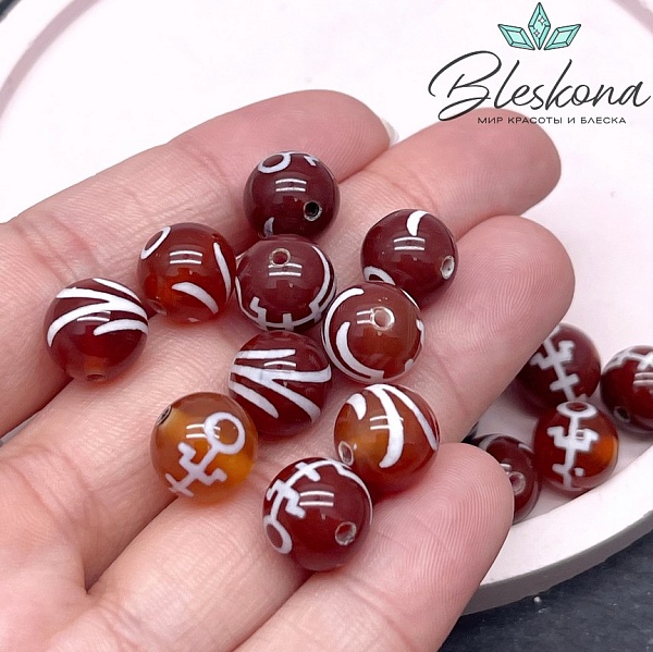 Бусина Дзи Большой Человек (Аристократ) бело-коричневый шар 10 мм уп.10 шт