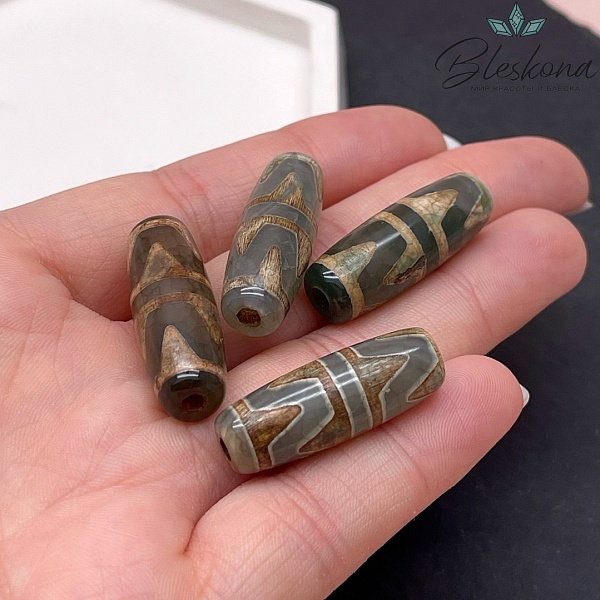 Бусина Дзи 2-й тигриный клык зелено-коричневый бочонок 30*11 мм