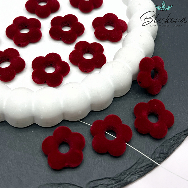 20мм Бархатная Подвеска-бусина цветок, Цвет бордо